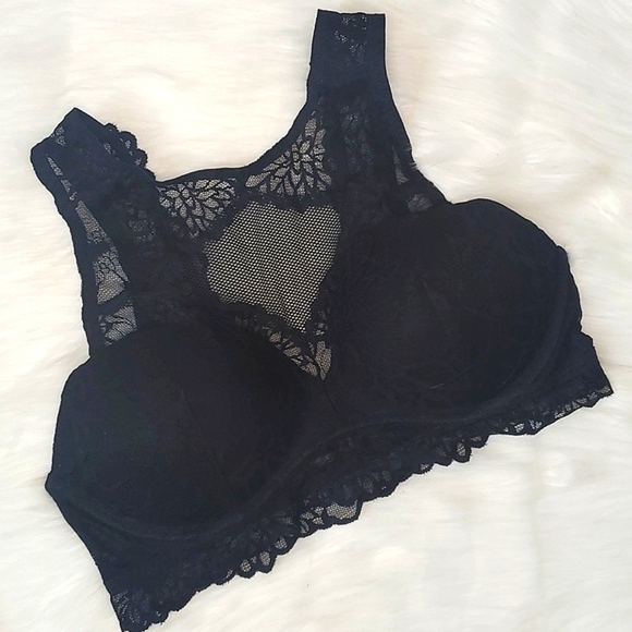 2016 Victoria's Secret PINK Black Floral Lace Sheer Chest Bralette Size Medium - Picture 1 of 13